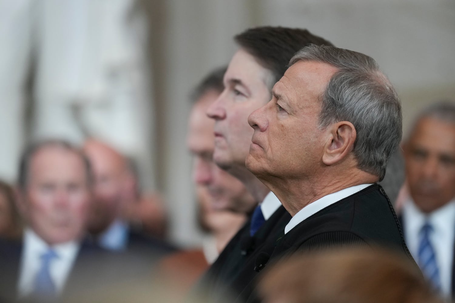 
                        Supreme Court Chief Justice John Roberts, right, and Associate Justice Brett Kavanaugh listen during the inauguration of Donald Trump as the 47th president in the Rotunda at the Capitol in Washington on Monday morning, Jan. 20, 2025. (Doug Mills/The New York Times)
                      