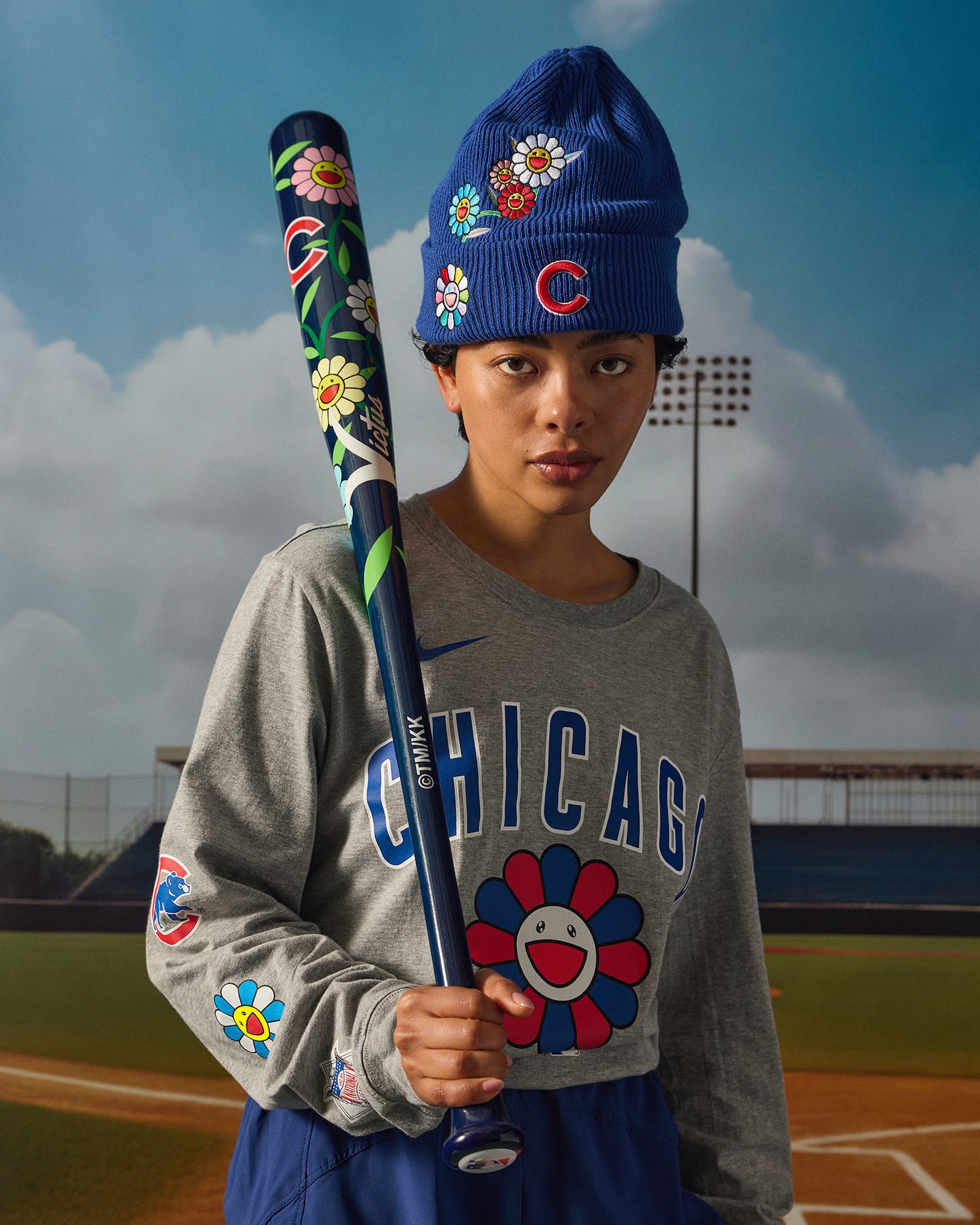 In this image provided by Complex, a model wears items from The Takashi Murakami x MLB Tokyo Series collection presented by Complex that was announced Thursday, Feb. 27, 2025, and launches March 7 in advance of the series between the Los Angeles Dodgers and Chicago Cubs that opens the MLB baseball season at the Tokyo Dome on March 18-19. (Complex via AP)