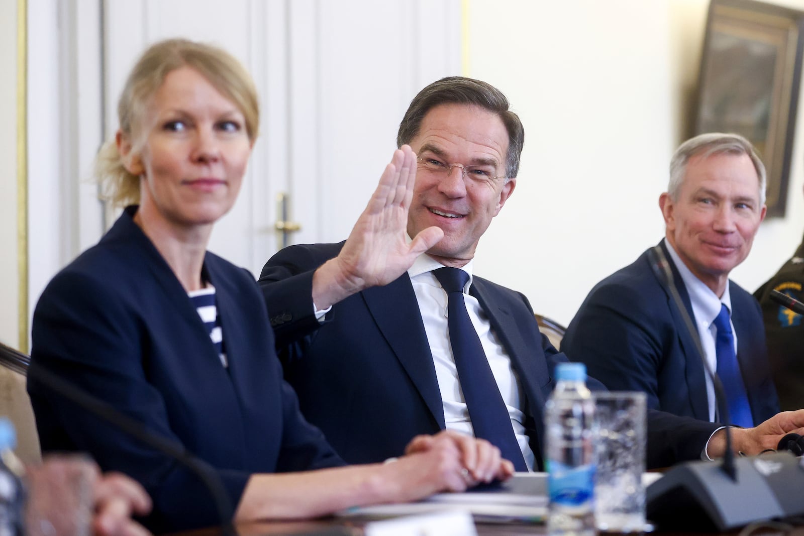 NATO Secretary General Mark Rutte waves to the members of the media prior to the start of his meeting with the members of the Bosnian Presidency in Sarajevo, Bosnia, Monday, March 10, 2025. (AP Photo/Armin Durgut)