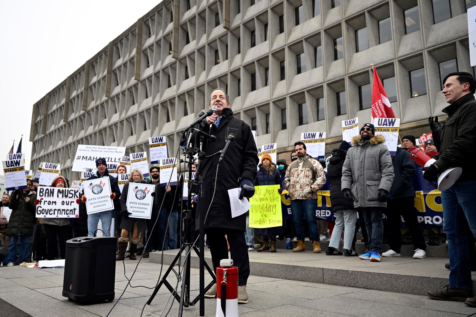 Rep. Jamie Raskin, D-Md., speaks at a rally at Health and Human Services headquarters to protest the polices of President Donald Trump and Elon Musk Wednesday, Feb. 19, 2025, in Washington. (AP Photo/John McDonnell)