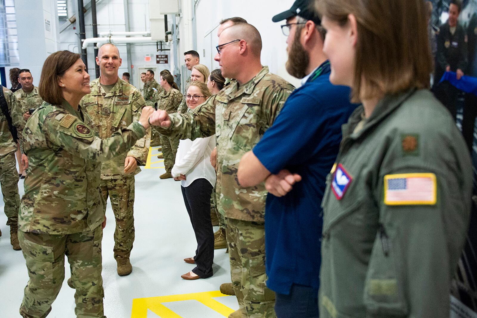 Chief Master Sgt. of the Air Force JoAnne Bass greets U.S. Air Force School of Aerospace Medicine faculty during her visit June 3 at Wright-Patterson Air Force Base. (U.S. Air Force photo by Wesley Farnsworth)