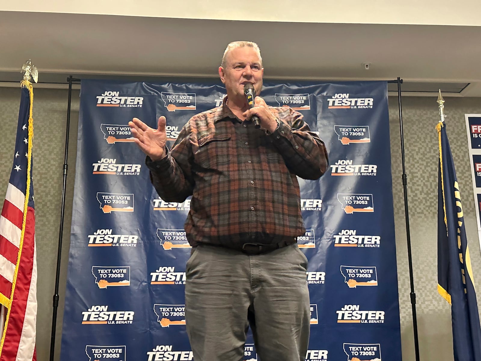 Sen. Jon Tester, a Montana Democrat, speaks to supporters during a campaign rally at a hotel ballroom, Oct. 25, 2024, in Bozeman, Mont. (AP Photo/Matthew Brown)