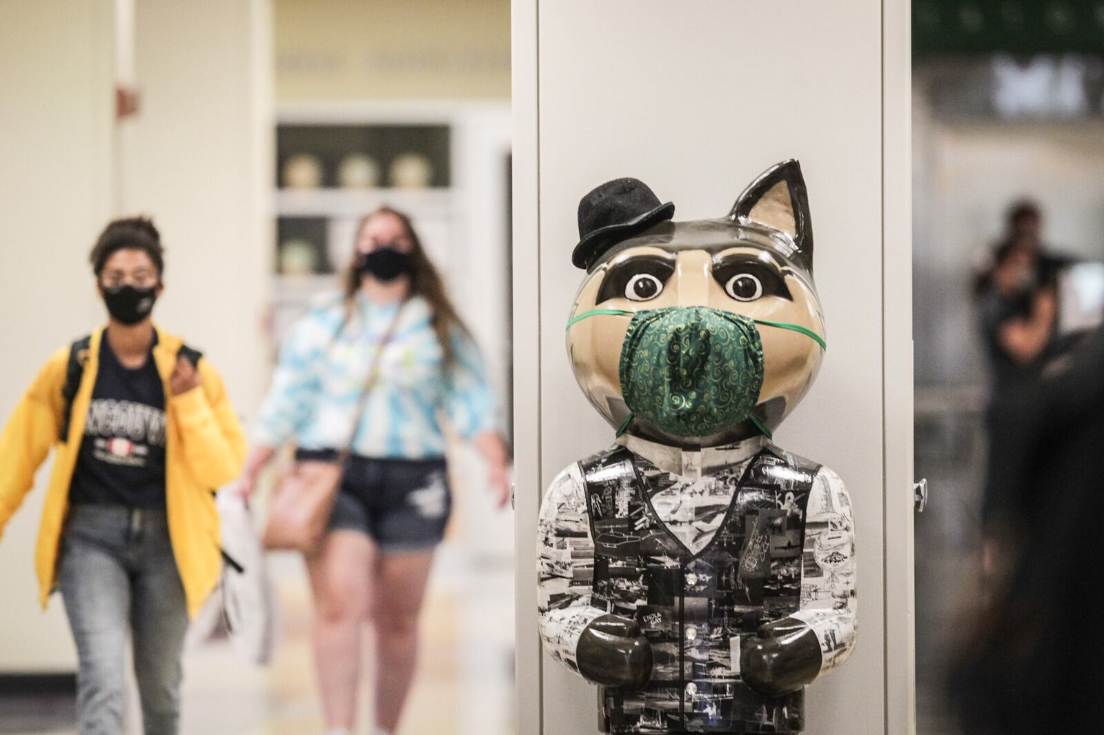 Wright State University students, in limited numbers, returned to class Monday, August 24, 2020. There were students lined up in the bookstore practicing social distancing and almost all students were wearing masks.