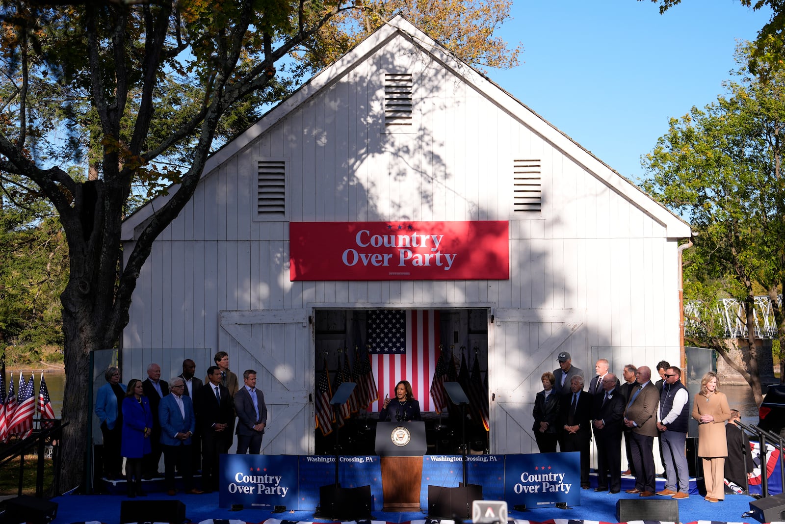 Democratic presidential nominee Vice President Kamala Harris speaks during a campaign event at Washington Crossing Historic Park, Wednesday, Oct. 16, 2024, in Washington Crossing, Pa. (AP Photo/Matt Slocum)