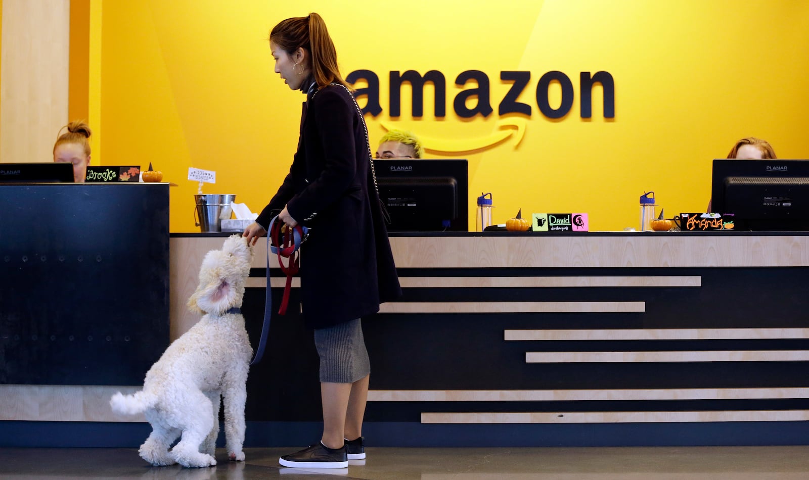 In this Wednesday, Oct. 11, 2017, photo, an Amazon employee gives her dog a biscuit as the pair head into a company building, where dogs are welcome, in Seattle. Butler County’s Liberty Twp. is making efforts to snag Amazon’s second North American headquarters. (AP Photo/Elaine Thompson)