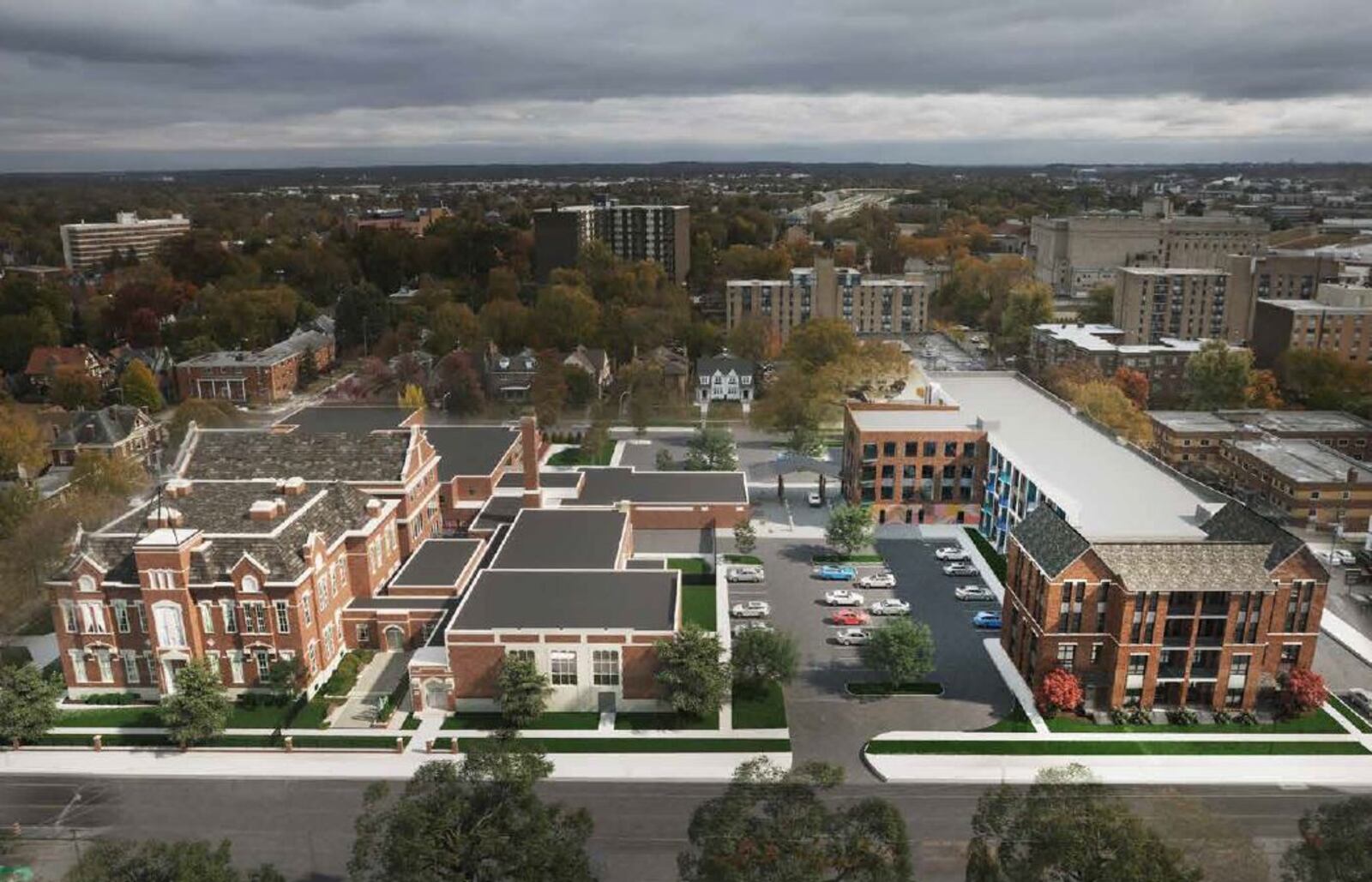 A rendering of the proposed Longfellow school campus project, which shows the existing buildings and a new apartment building that is planned for the site. CONTRIBUTED