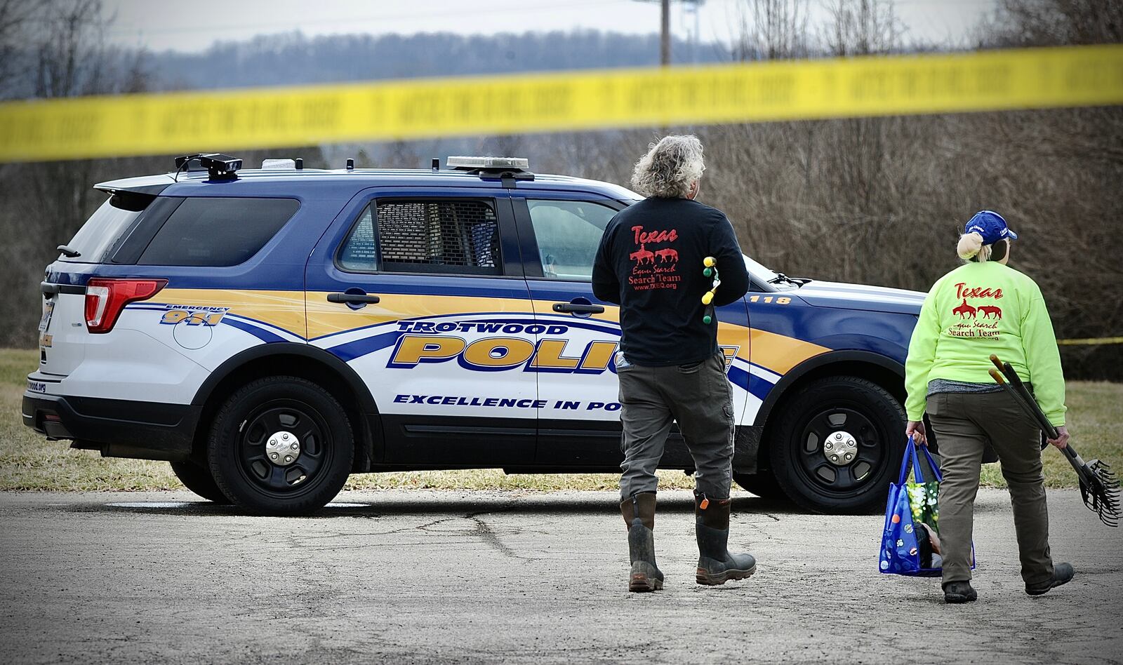 The Ohio chapter of Texas EquuSearch urban search and recovery team was assisting Trotwood police after suspect human remains were found on Covenant House Drive Tuesday, March 8, 2022. MARSHALL GORBY / STAFF