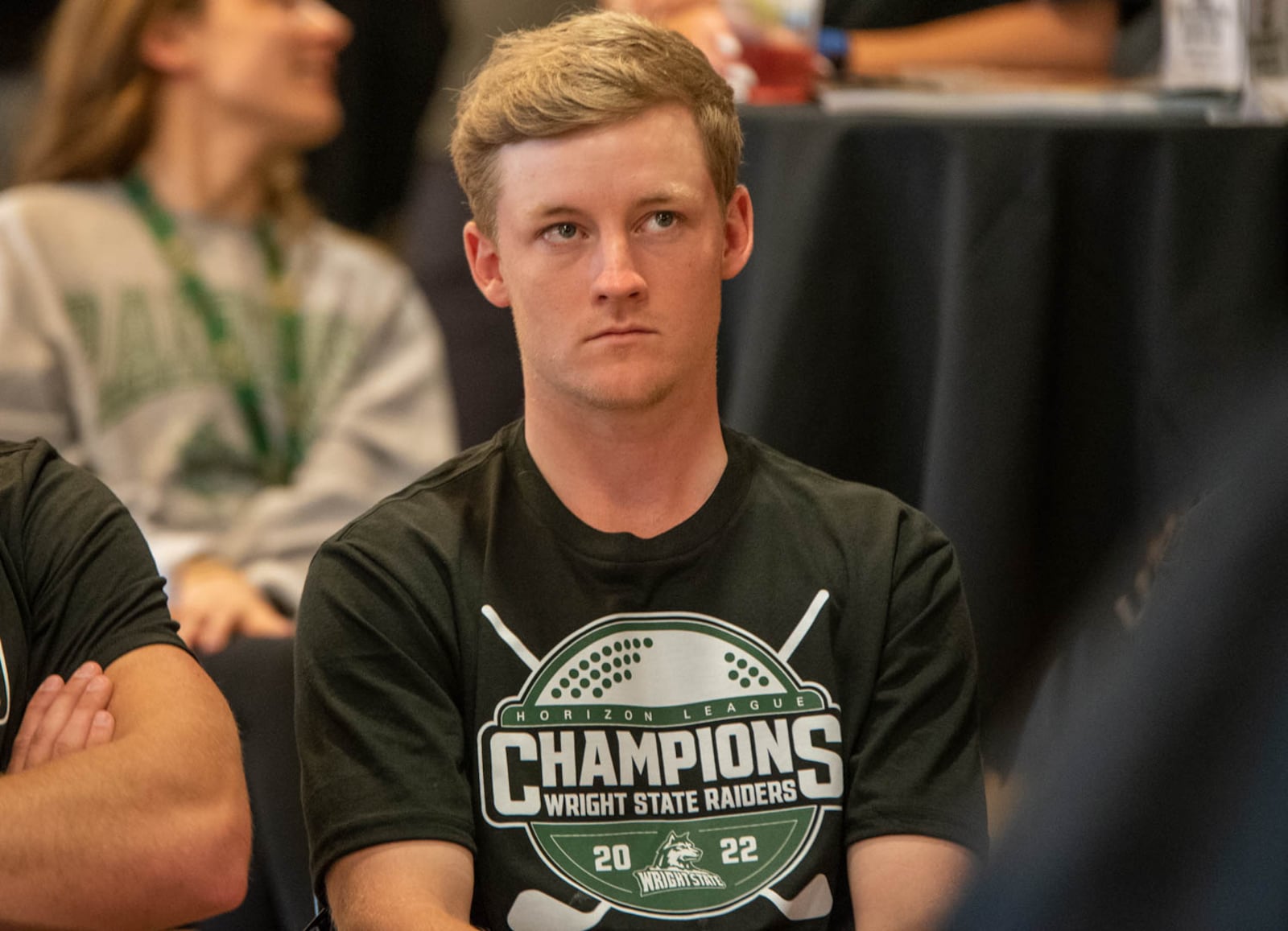 Wright State's Tyler Goecke watches the NCAA Division I men's golf tournament selection show Wednesday afternoon. Goecke, a Carroll High School grad, earned Horizon League Player of the Year honors this season for the Raiders. WSU Athletics photo