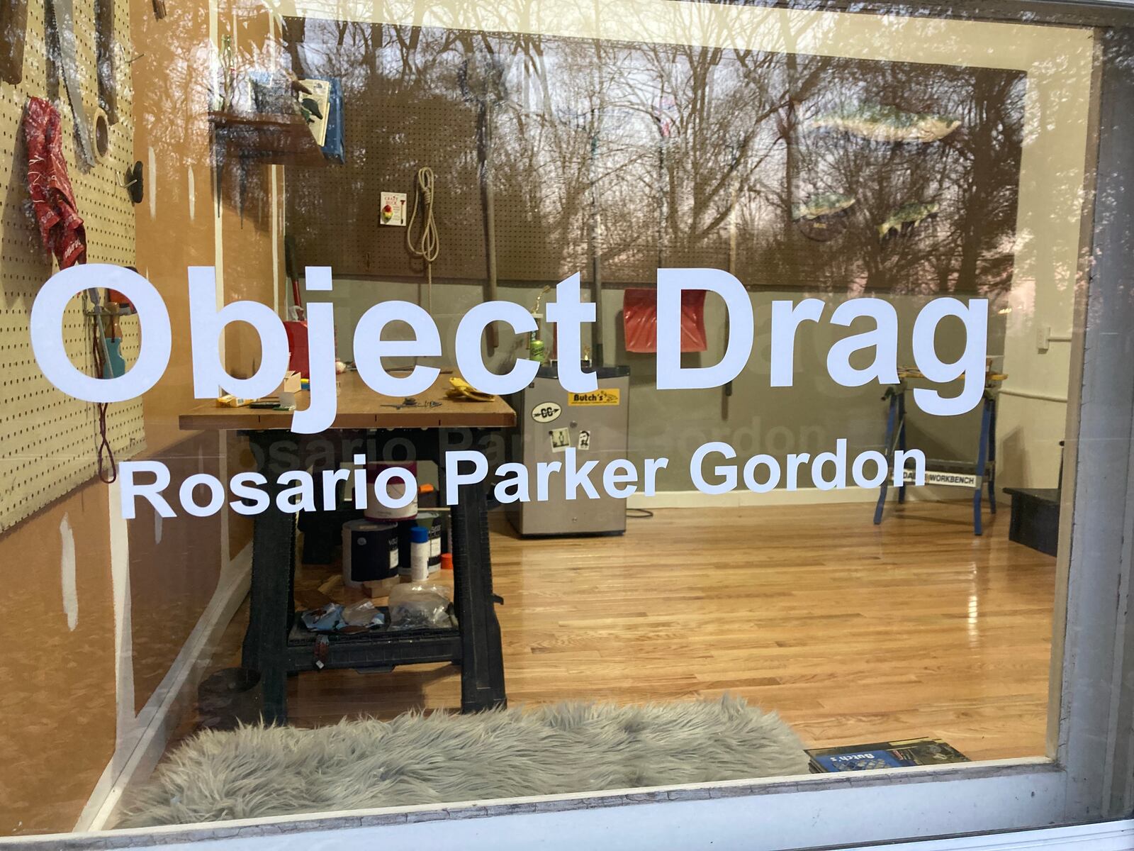 This is a view through the gallery window of the current show at North Dayton's The Blue House, an artist-run art space owned and curated by Ashley Jude Jonas and Nicholaus Arnold. Contributed photo