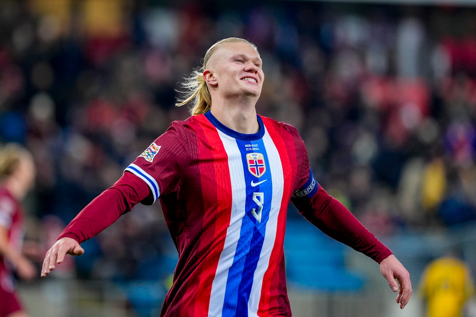 Norway's Erling Braut Haaland celebrates scoring his side's first goal, during the Nations League soccer match, between Norway and Kazakhstan at Ullevaal Stadium, in Oslo, Sunday, Nov. 17, 2024. (Terje Pedersen/NTB Scanpix via AP)