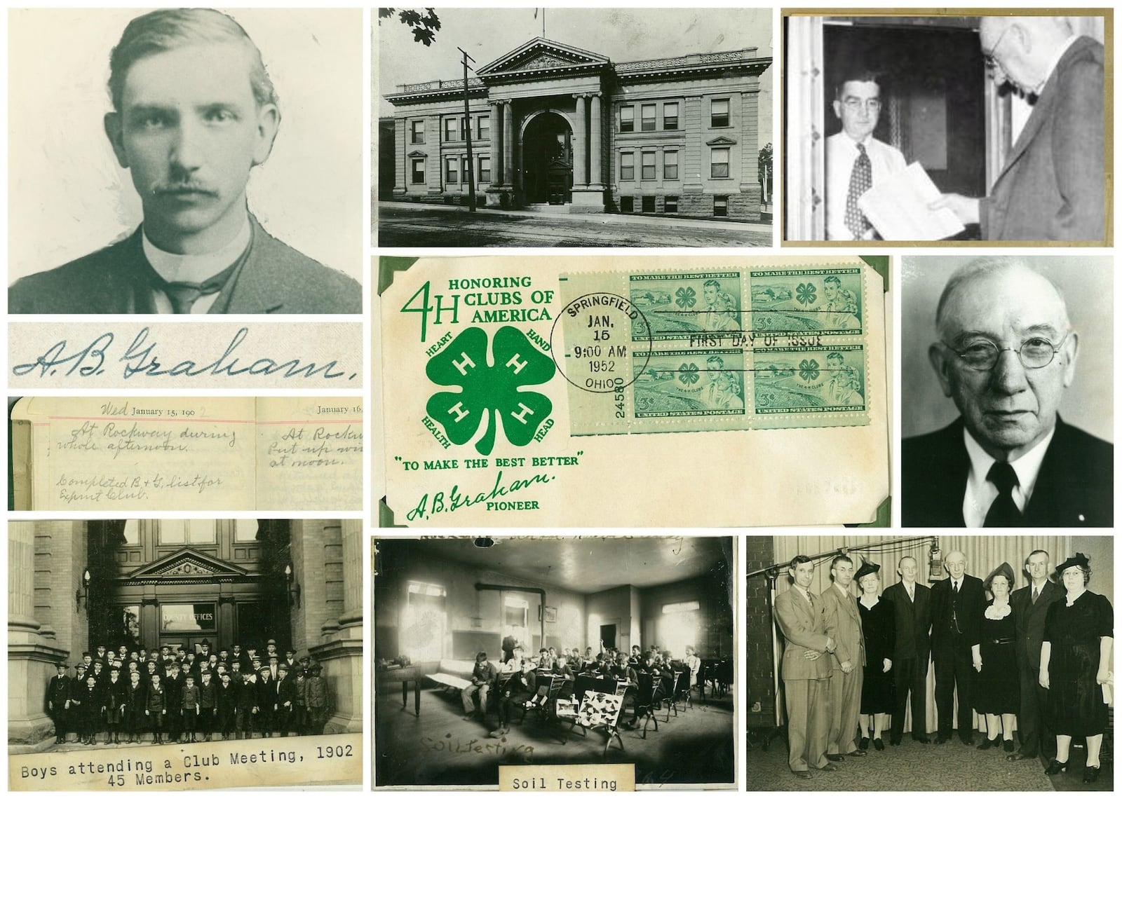 Albert Belmont (A.B.) Graham was born 155 years ago on March 13, 1868. He served as superintendent of Springfield Township schools from 1900 to 1902 and brought together both boys and girls to learn about the scientific process related to farm activities. The first meeting of his Boys and Girls Agricultural Experiment Club was held on January 15, 1902 and became the national movement known as 4-H. As superintendent, he kept a diary of visits to schools including Rockway, Victory, Snow Hill, Possum, and Reid, which are in the archives at the Heritage Center. On the 50th anniversary of the founding of the 4-H movement, a special stamp was issued in Springfield. PHOTO COURTESY OF THE CLARK COUNTY HISTORICAL SOCIETY
 
