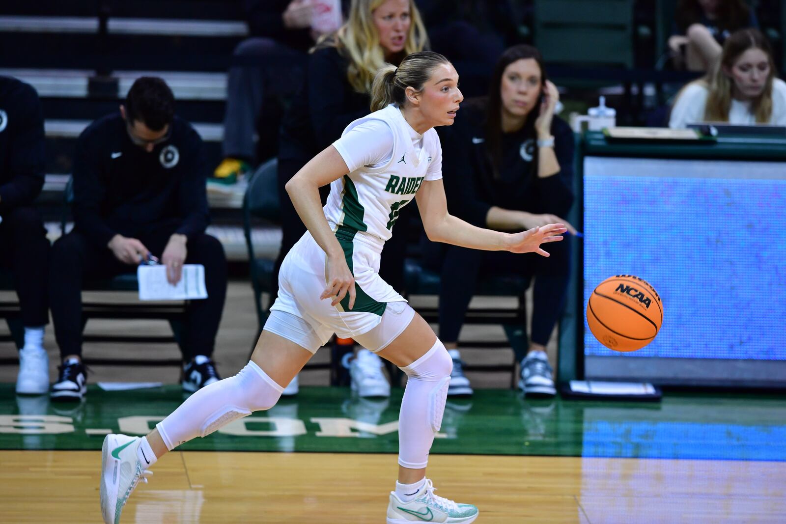 Wright State's Alexis Hutchison brings the ball up court during Thursday's Horizon League quarterfinal game vs. Milwaukee at the Nutter Center. Joe Craven/Wright State Athletics