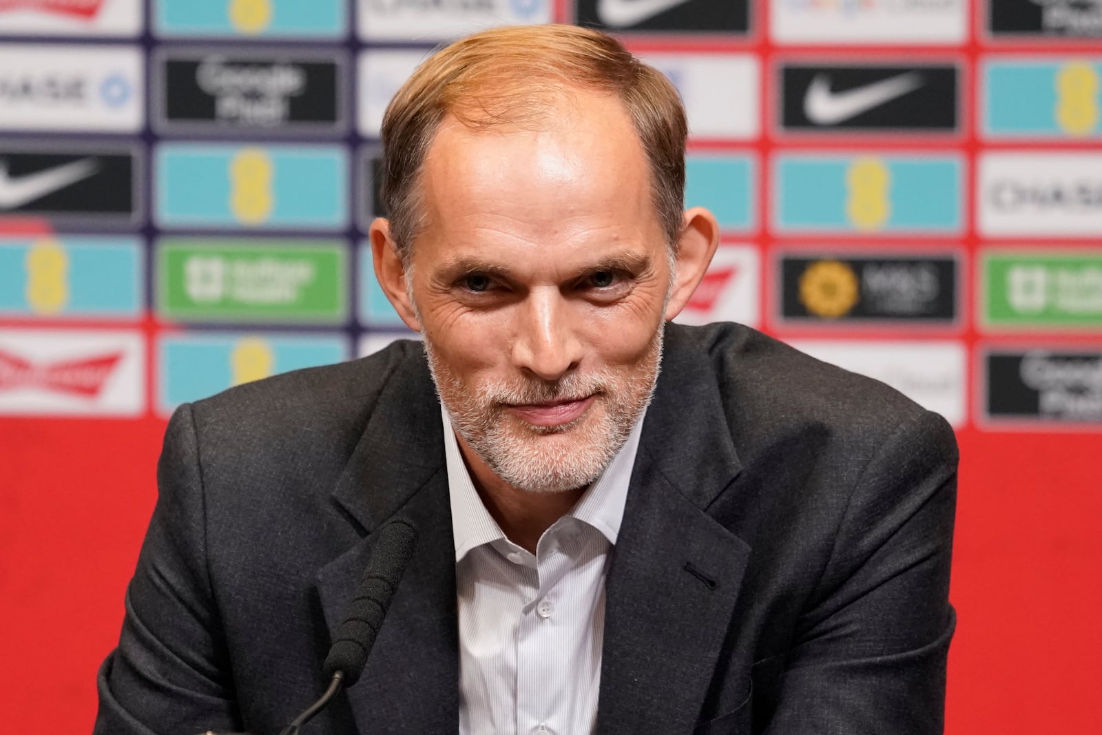 The newly appointed England men's soccer team manager Thomas Tuchel speaks during a press conference held at Wembley Stadium in London, Wednesday, Oct. 16, 2024. (AP Photo/Alberto Pezzali)