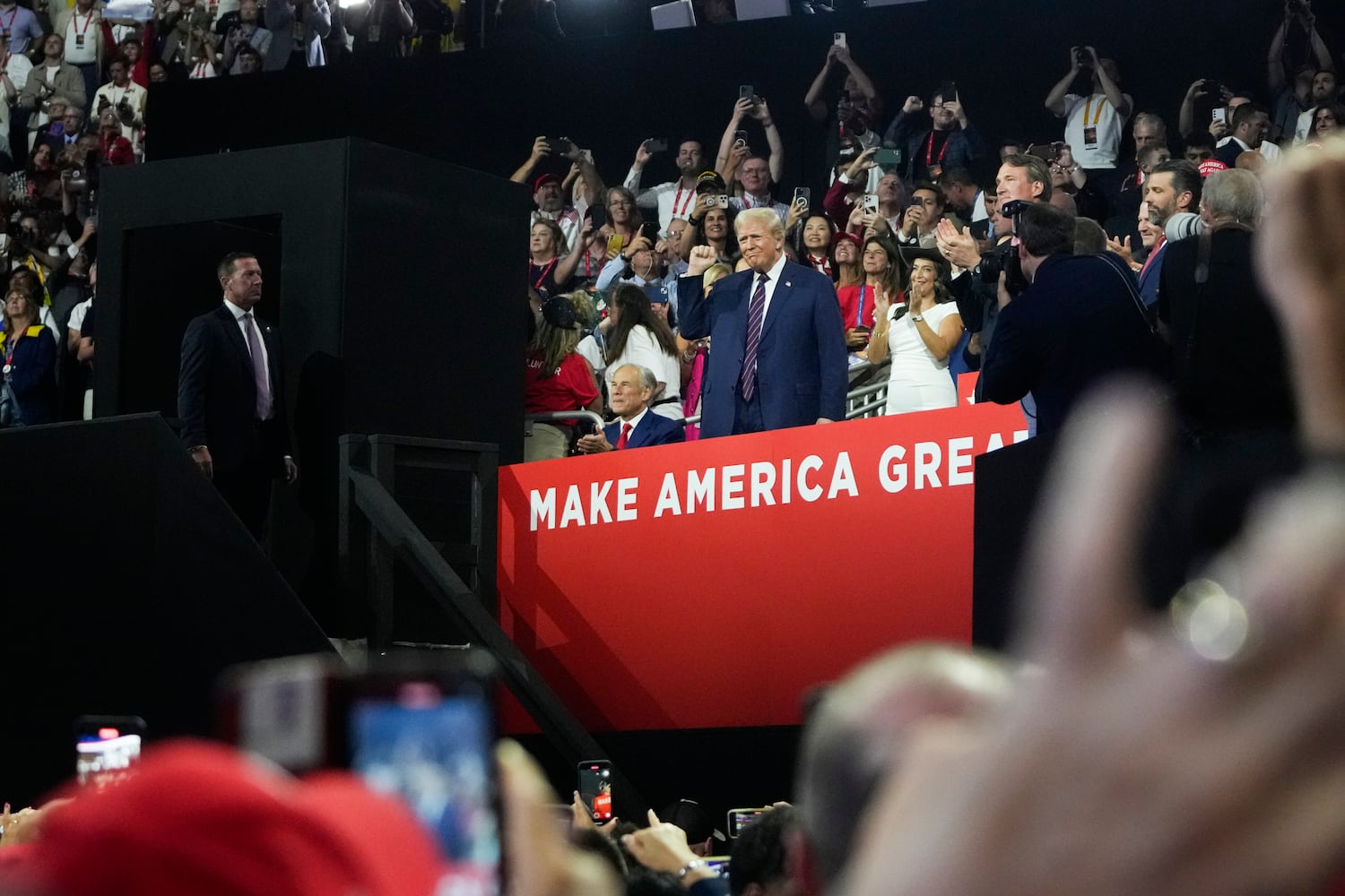 
                        Former President Donald Trump, the Republican presidential nominee, gestures to the crowd as he arrives on the third night of the Republican National Convention at the Fiserv Forum in Milwaukee, on Wednesday, July 17, 2024. (Todd Heisler/The New York Times)
                      