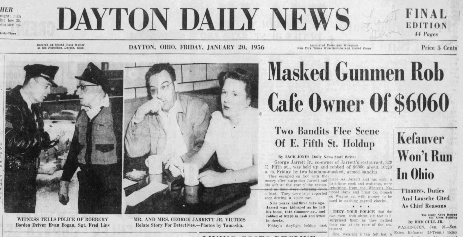 Jan. 20, 1956 - Masked gunmen rob cafe owner of $6060. DAYTON DAILY NEWS ARCHIVES