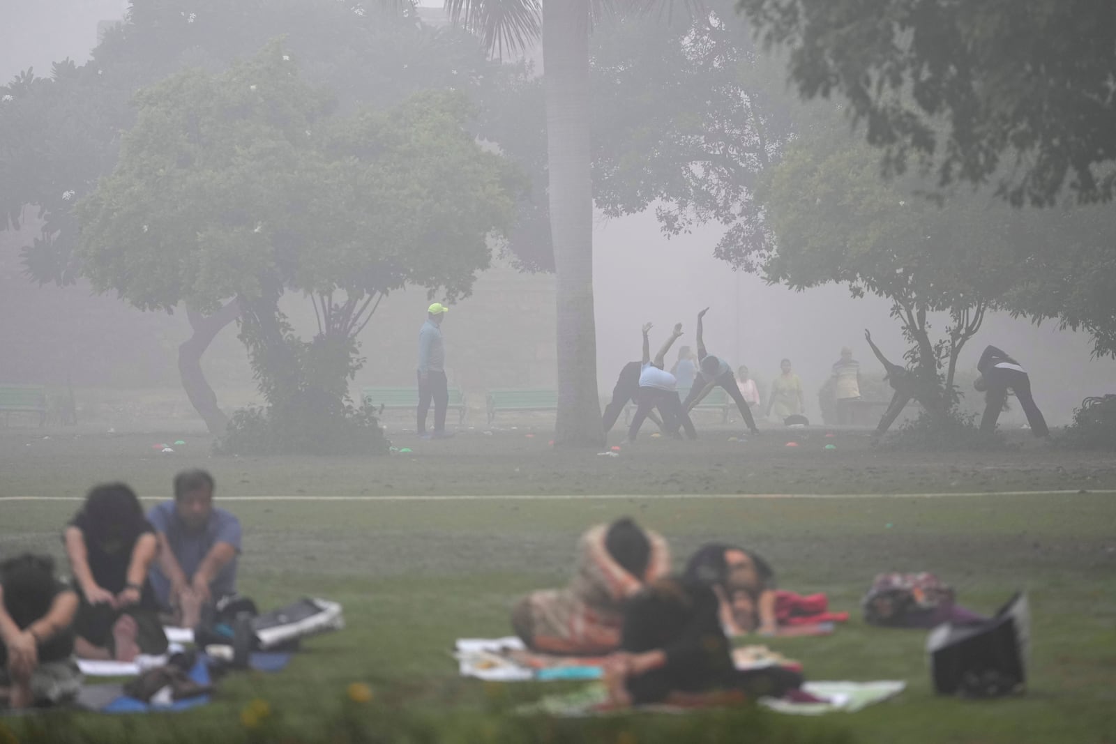 FILE - People do yoga early morning at the Lodhi garden as a thick layer of smog envelopes New Delhi on Nov. 15, 2024. (AP Photo/Manish Swarup, File)