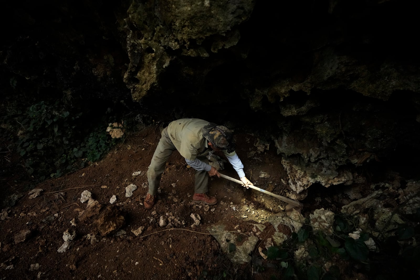 Takamatsu Gushiken uses a hoe to move dirt to remove a big rock to make room to squeeze himself into a hollow while searching for the remains of those who died during the Battle of Okinawa towards the end of the World War II in 1945, in Itoman, on the main island of the Okinawa archipelago, southern Japan, Saturday, Feb. 15, 2025. (AP Photo/Hiro Komae)