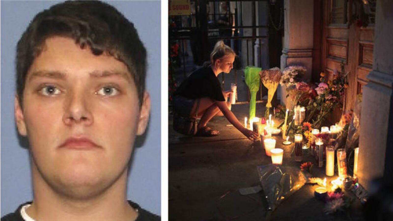 Nine people were killed when Connor Betts, left, allegedly opened fire outside a bar in Dayton, Ohio, early Sunday. Mourners have been leaving candles and flowers outside Ned Peppers, where the shooting occurred, in memory of the victims. AP Photo, Scott Olson/Getty Images