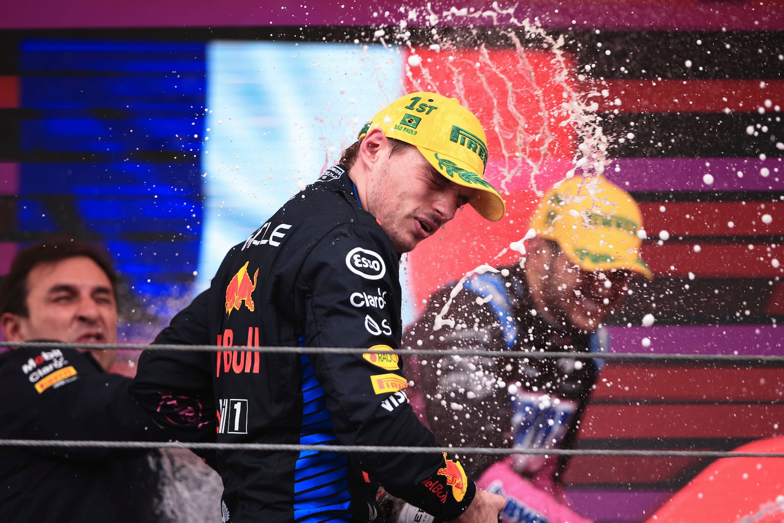 Red Bull driver Max Verstappen of the Netherlands, sprays champagne at the podium after winning the Brazilian Formula One Grand Prix at the Interlagos race track, in Sao Paulo, Brazil, Sunday, Nov. 3, 2024. (AP Photo/Ettore Chiereguini)