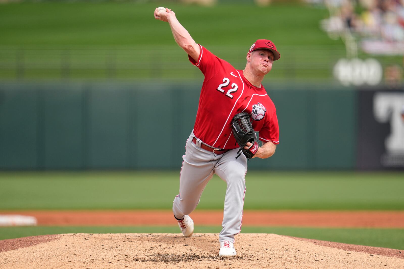 Cincinnati Reds starting pitcher Chase Anderson delivers during the second inning of a spring training baseball game against the Texas Rangers, Saturday, March 11, 2023, in Surprise, Ariz. (AP Photo/Abbie Parr)