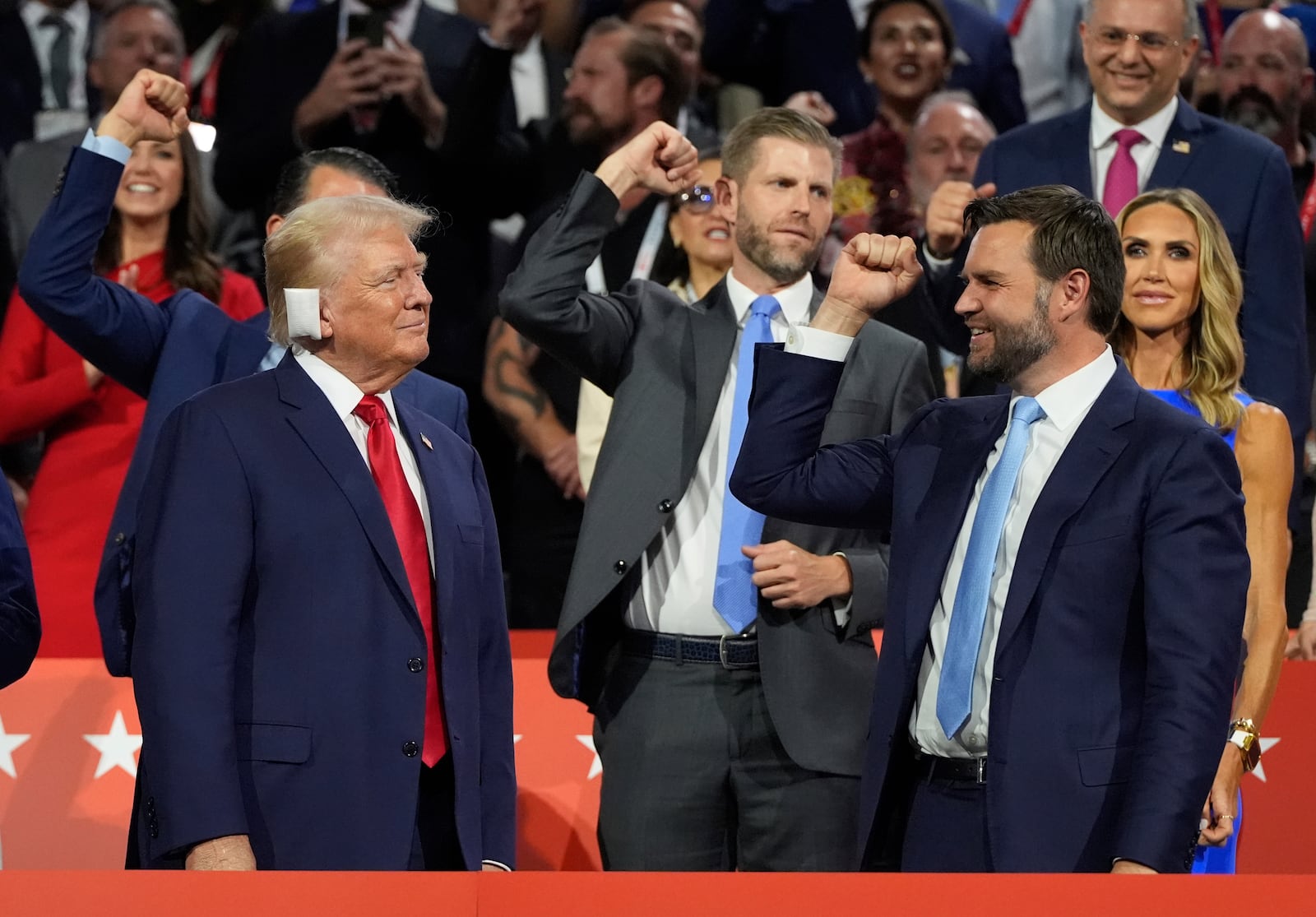 Republican presidential candidate former President Donald Trump appears with vice presidential candidate JD Vance, R-Ohio, during the Republican National Convention, Monday, July 15, 2024, in Milwaukee. (AP Photo/Julia Nikhinson)