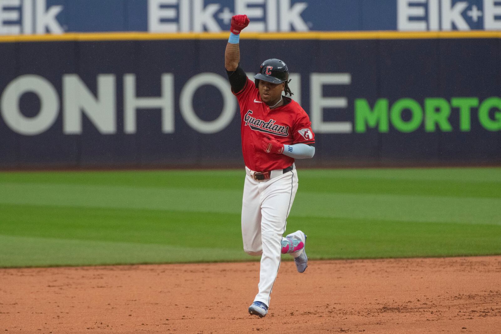 Cleveland Guardians' Jose Ramirez celebrates after hitting a two-run home run off Houston Astros starting pitcher Justin Verlander during the first inning of a baseball game in Cleveland, Saturday, Sept. 28, 2024. (AP Photo/Phil Long)