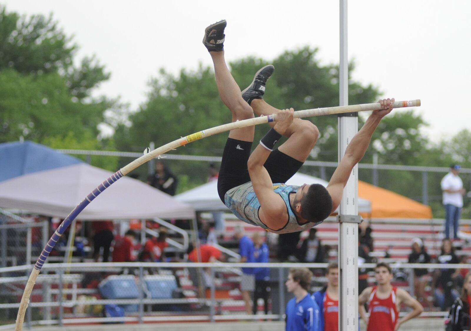 Centerville junior Yariel Soto won the pole vault in the D-I district track and field meet at Wayne on Wed., May 16, 2018. MARC PENDLETON / STAFF