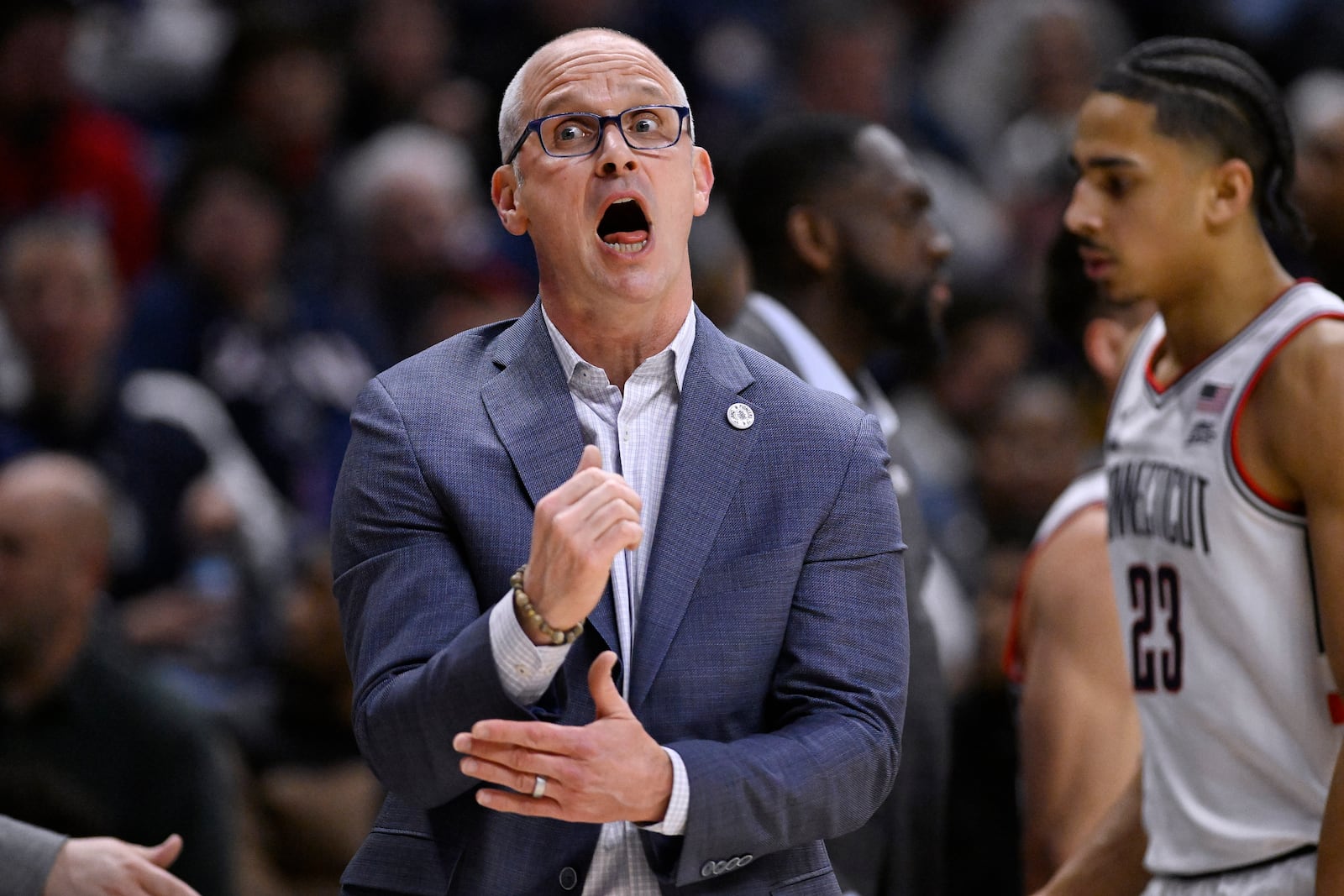 UConn head coach Dan Hurley reacts in the first half of an NCAA college basketball game against St. John's , Friday, Feb. 7, 2025, in Storrs, Conn. (AP Photo/Jessica Hill)