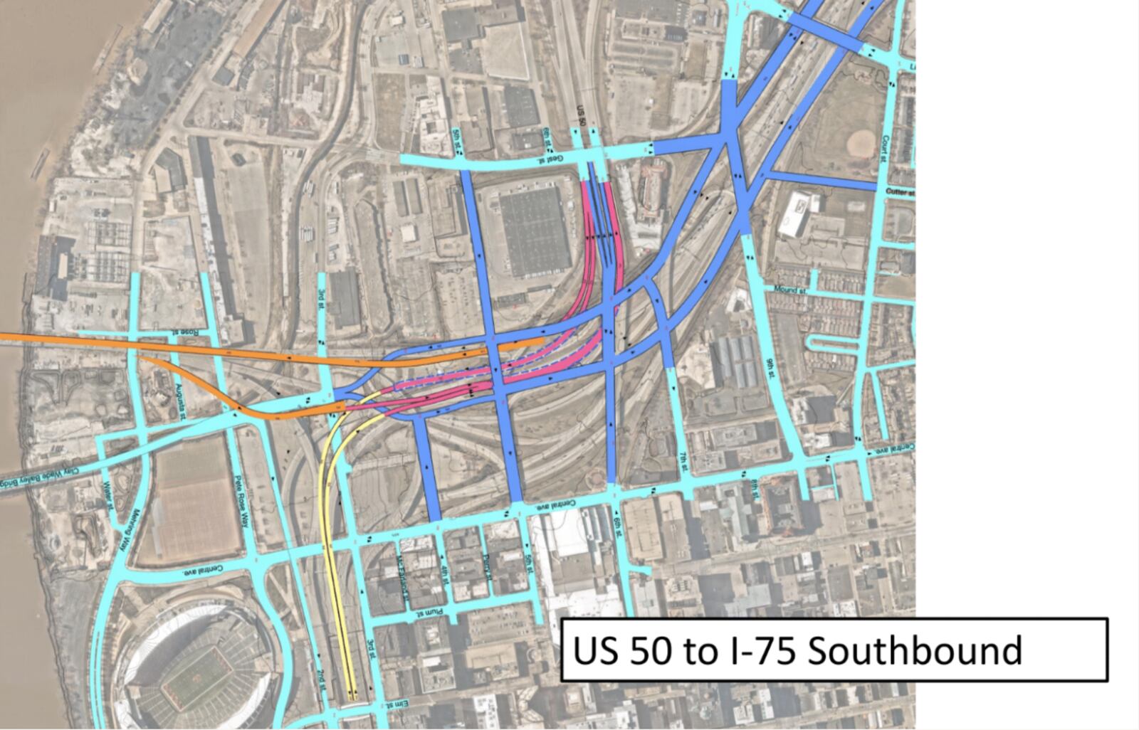 The pink lines on this map are roads that would be added under Bridge Forward's design. BRIDGE FORWARD