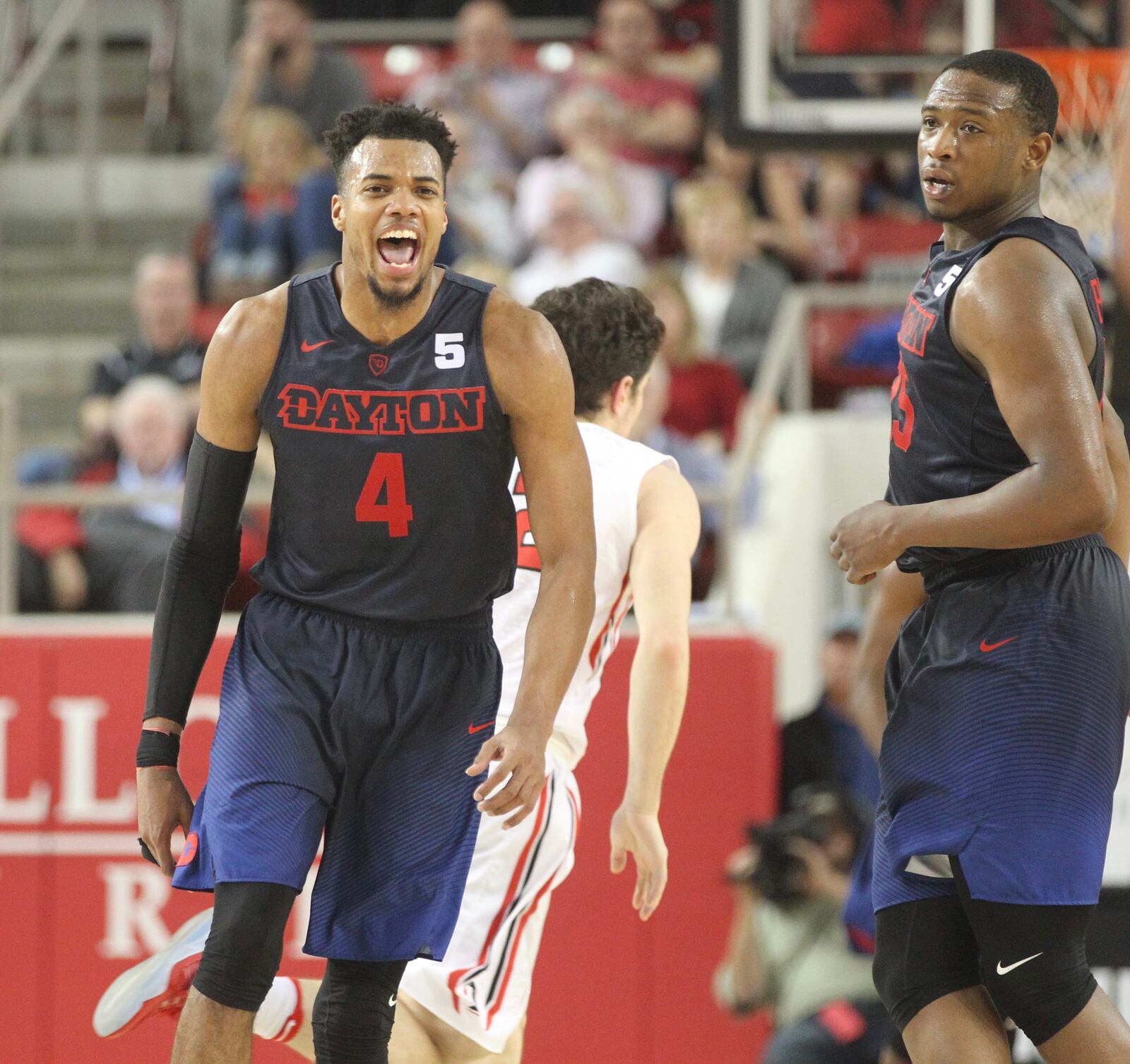 Dayton’s Charles Cooke reacts to the second 3-pointer by Scoochie Smith in overtime against Davidson on Friday, Feb.24, 2017, at Belk Arena in Davidson, N.C. David Jablonski/Staff