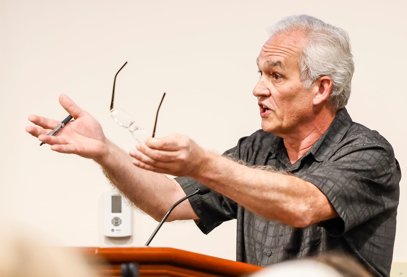 Sam Beiler, owner of Spooky Nook Sports Champion Mill, voices his concerns during a special Hamilton city council meeting to discuss the Miami Conservancy District assessment increase staff Thursday, April 18, 2024 in Hamilton. NICK GRAHAM/STAFF