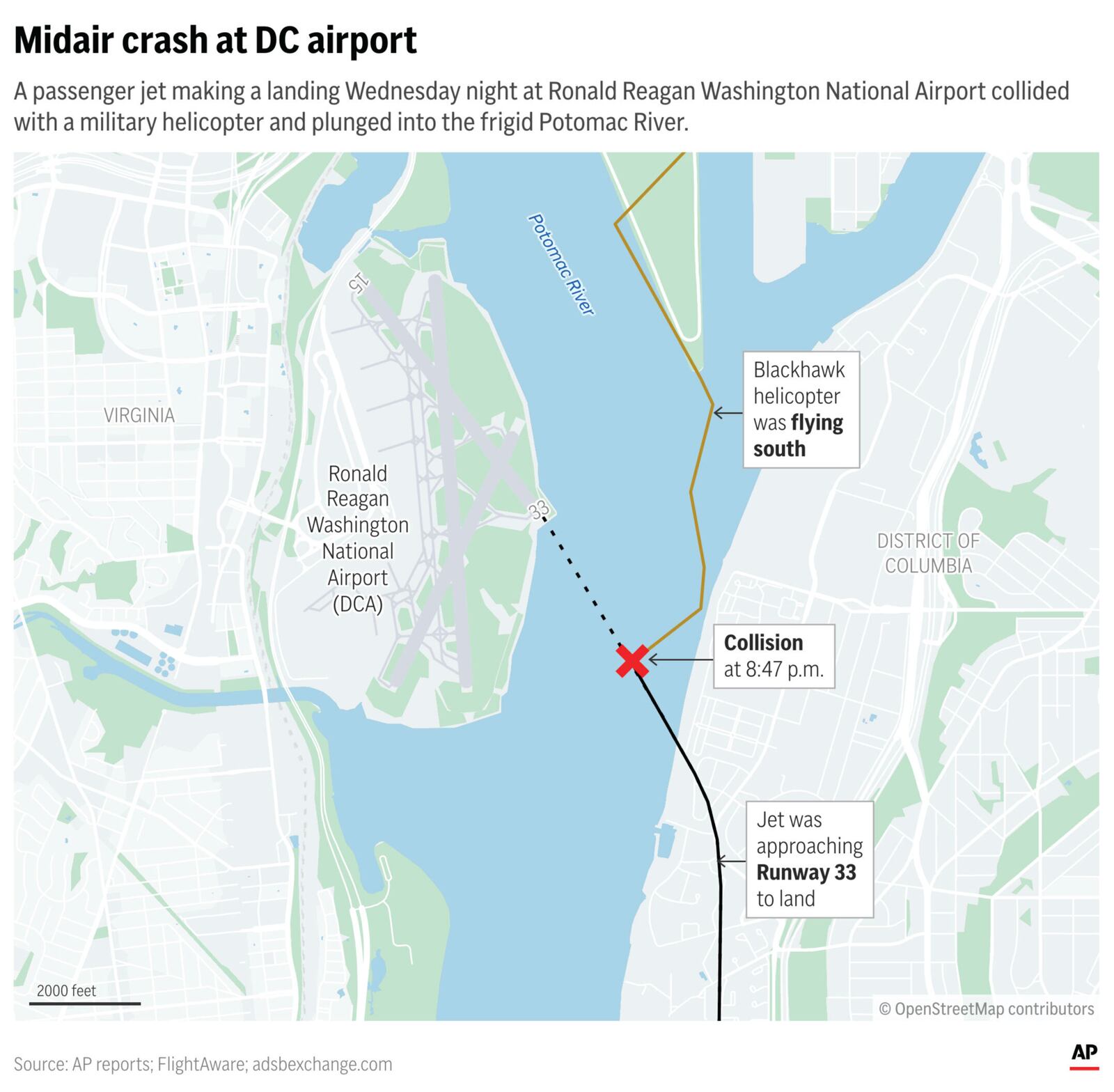 A passenger jet and military helicopter crashed Wednesday over the Potomac River. (AP Graphic)