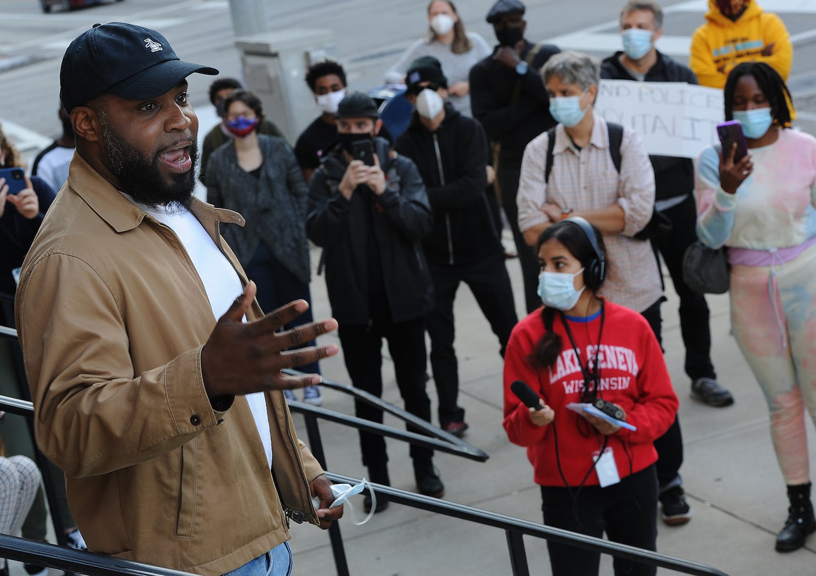 Jared Grandy spoke to protesters outside City Hall Wednesday, Oct. 13, 2021 demanding justice for Clifford Owensby.  Owensby is a paraplegic black man who Dayton police officers pulled out of his vehicle during a traffic stop on Sept. 30. MARSHALL GORBY\STAFF


