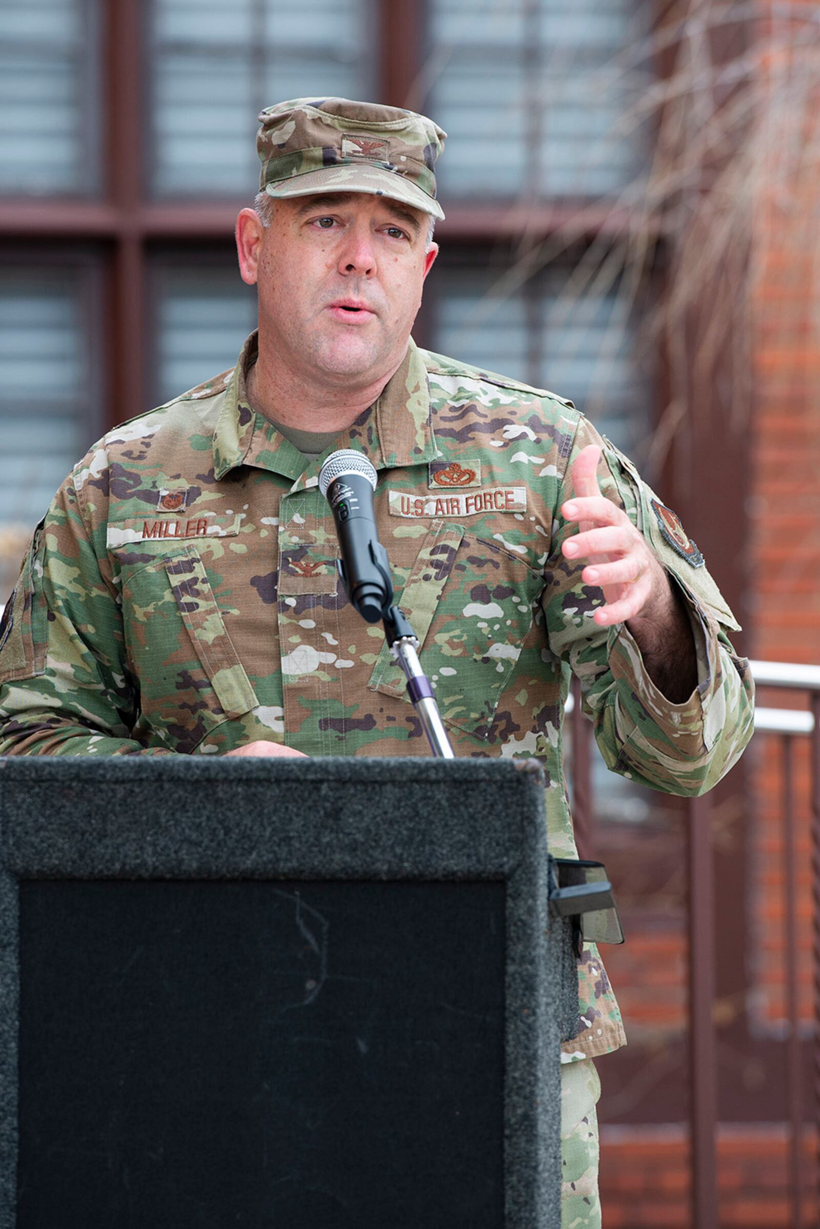 Col. Patrick Miller, 88th Air Base Wing and installation commander, provides closing remarks during the 2021 Chief Master Sgt. Drive Through celebration Dec 9. U.S. AIR FORCE PHOTO/WESLEY FARNSWORTH