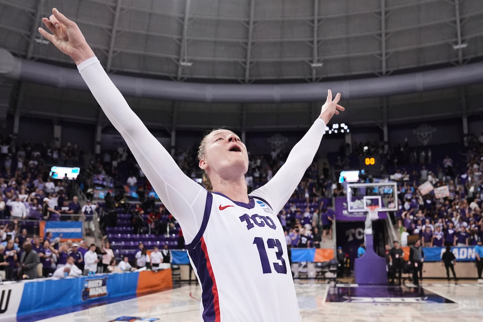 TCU's Sedona Prince celebrates after her team's win over Louisville in the second round of the NCAA college basketball tournament in Fort Worth, Texas, Sunday, March 23, 2025. (AP Photo/Tony Gutierrez)