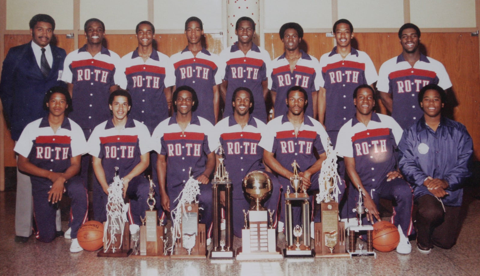 The 1980-81 Roth High team went 26-1, won the Class AAA state title and is considered by many to be the greatest single basketball team in Ohio high school history. Many of the players went on to play college basketball and some played college football. Top Row: Coach Mike Haley, Anthony Graham, Ike Thornton, Robert Maiden, Wesley Jones, Fred Johnson, Steve Smith, Keith Byars
Bottom Row: Michael Carlton, Rick Lacey, Charles Taylor, William Colston, Walter Seldon, Darryl Murphy, Manager Arthur Allen. CONTRIBUTED