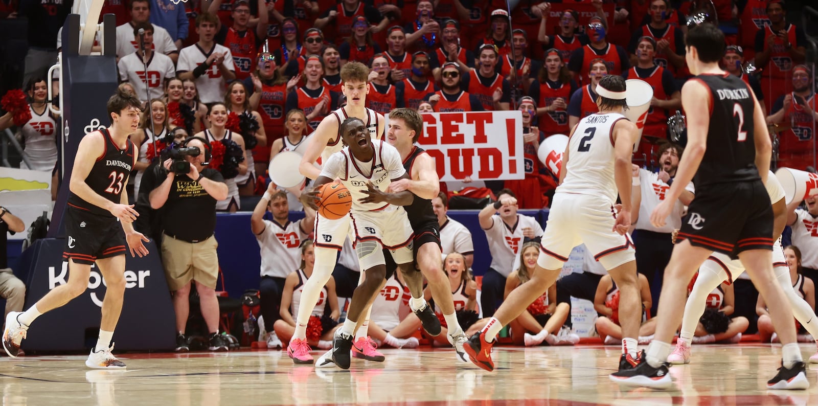 Dayton's Enoch Cheeks grabs a rebound late in the second half against Davidson on Tuesday, Feb. 4, 2025, at UD Arena.. David Jablonski/Staff