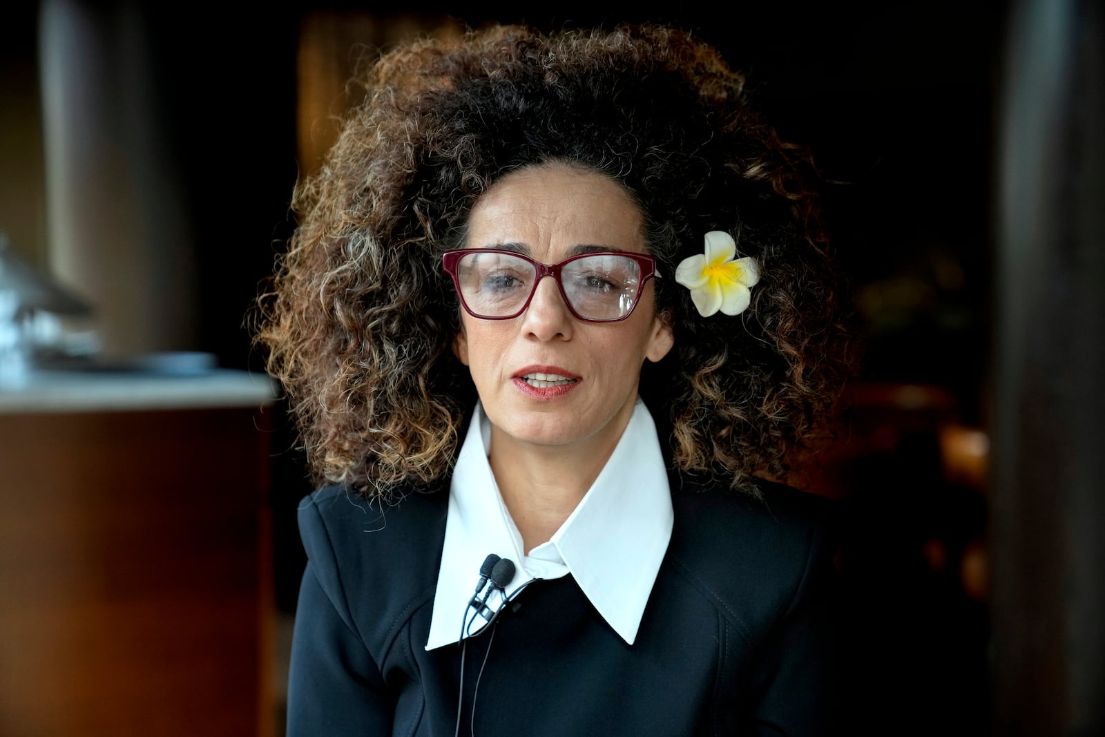 Masih Alinejad, 48, a prominent Iranian American human rights activist attends an interview with the Associated Press in Berlin, Germany, Saturday, Nov. 9, 2024. (AP Photo/Ebrahim Noroozi)