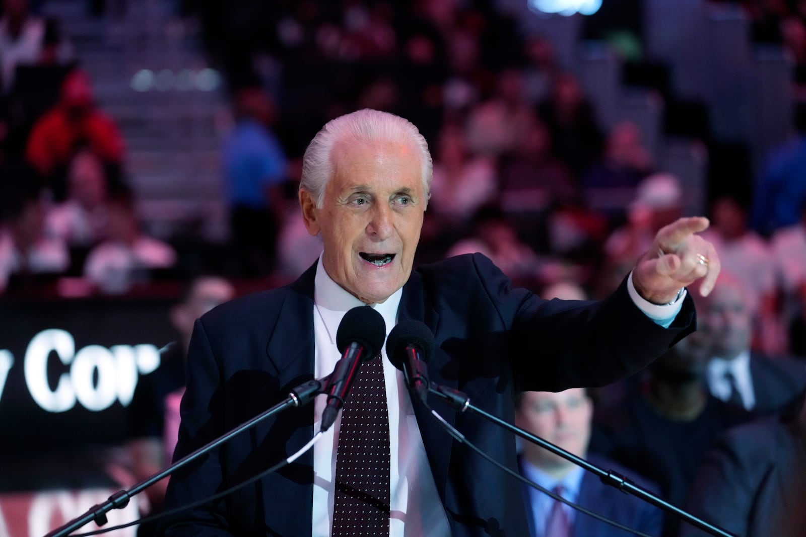 The Miami Heat president Pat Riley speaks during a halftime ceremony to commemorate the start of Riley's 30th season with the franchise, as the Heat unveiled the Pat Riley Court during an NBA basketball game between the Heat and the Orlando Magic, Wednesday, Oct. 23, 2024, in Miami. (AP Photo/Wilfredo Lee)