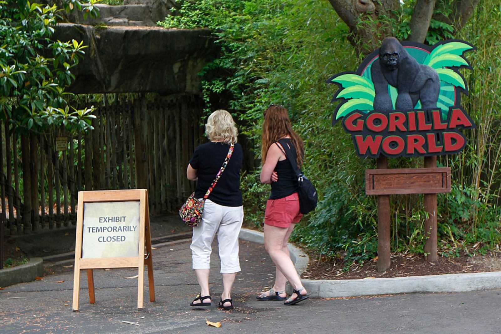 CINCINNATI, OH - JUNE 2: Visitors walk past the closed main entrance to the Cincinnati Zoo's Gorilla World exhibit days after a 3-year-old boy fell into the moat and officials were forced to kill Harambe, a 17-year-old Western lowland silverback gorilla June 2, 2016 in Cincinnati, Ohio. The exhibit remained closed as zoo officials worked to upgrade safety features of the exhibit.  (Photo by John Sommers II/Getty Images)