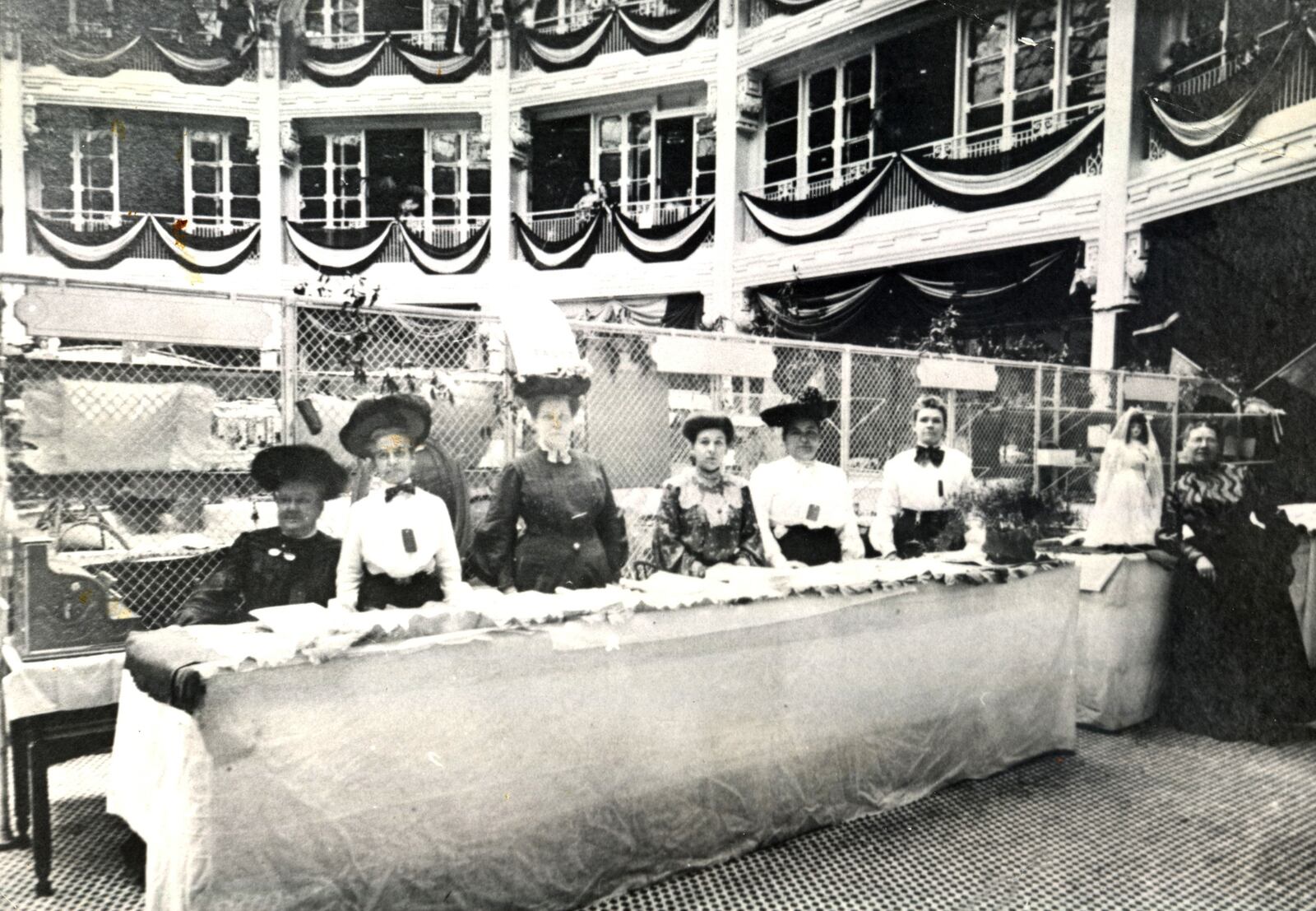 This photograph was taken at the time the Dayton Arcade opened in 1904. The photograph includes Mrs. Harry Ferneding, Marie Durst, Mrs. Michael J. Gibbons, the wife of the co-developer M.J. Gibbons, and Mrs. Frank McCormick.  DAYTON DAILY NEWS ARCHIVE