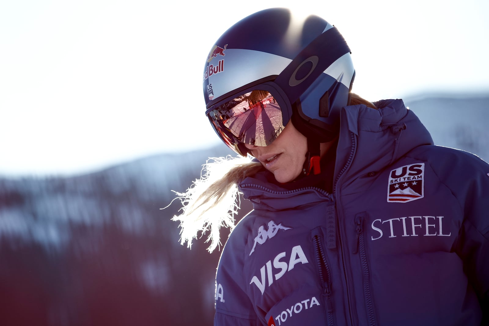 United States' Lindsey Vonn ahead of an alpine ski, women's World Championship downhill training, in Saalbach-Hinterglemm, Austria, Tuesday, Feb. 4, 2025. (AP Photo/Gabriele Facciotti)