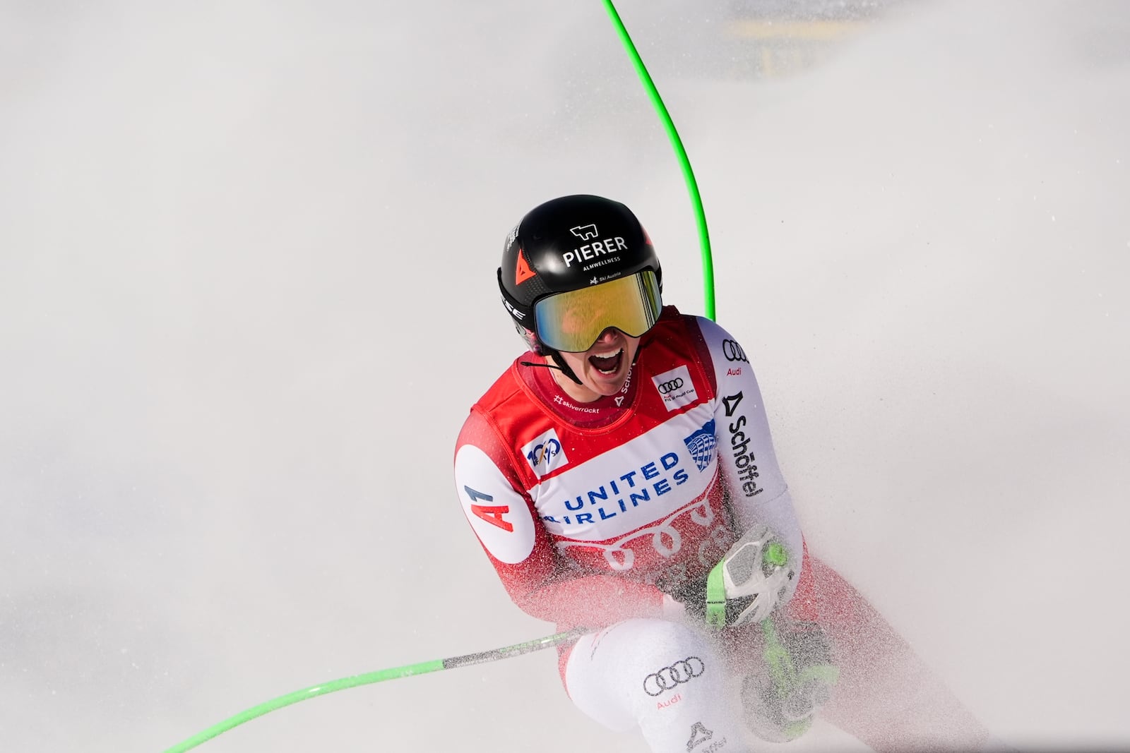 Austria's Cornelia Huetter reacts after competing in the women's World Cup downhill skiing race, Saturday, Dec. 14, 2024, in Beaver Creek, Colo. (AP Photo/Robert F. Bukaty)