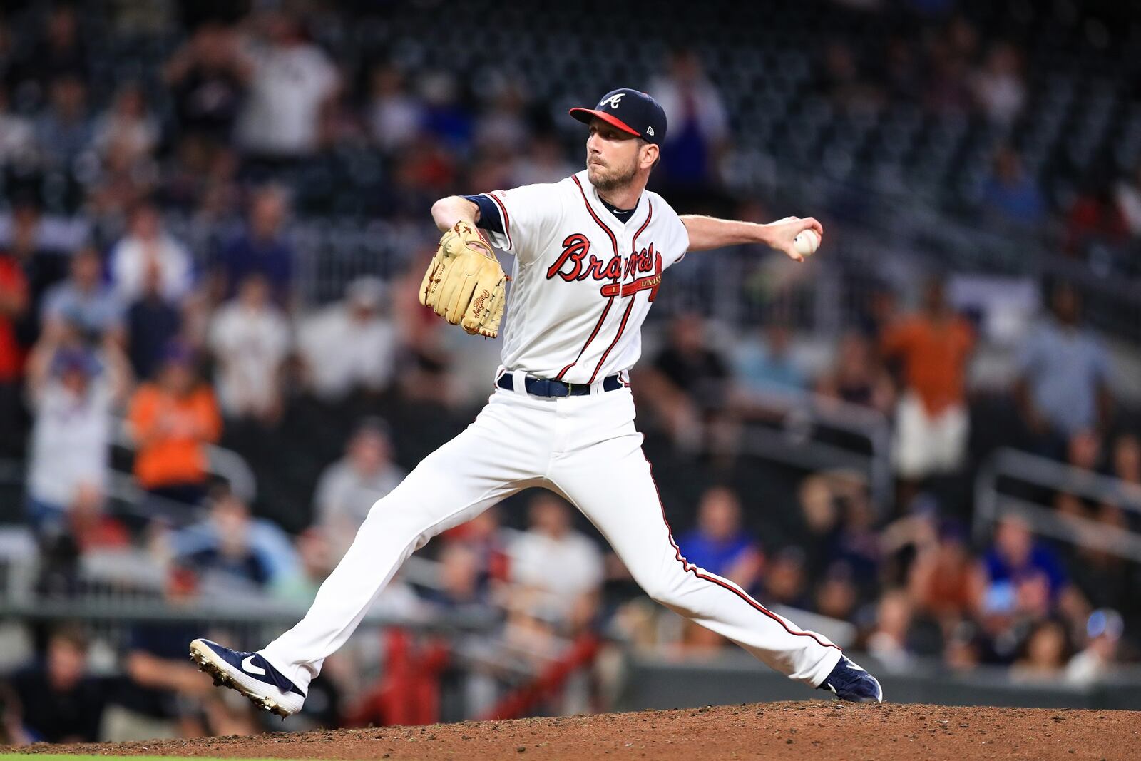 Jerry Blevins #50 of the Atlanta Braves pitches in the ninth inning during the game against the New York Mets at SunTrust Park on August 14, 2019 in Atlanta, Georgia. (Photo by Carmen Mandato/Getty Images)