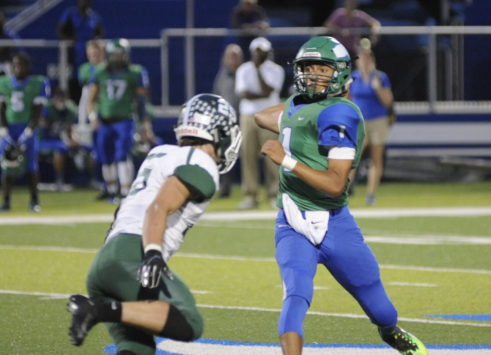 CJ quarterback Ryan Minor celebrated a 58-16 Week 3 defeat of visiting Greenville with a surprise visit from his father, Chris Minor, a captain who’s deployed at Turkey with the U.S. Air Force. MARC PENDLETON / STAFF