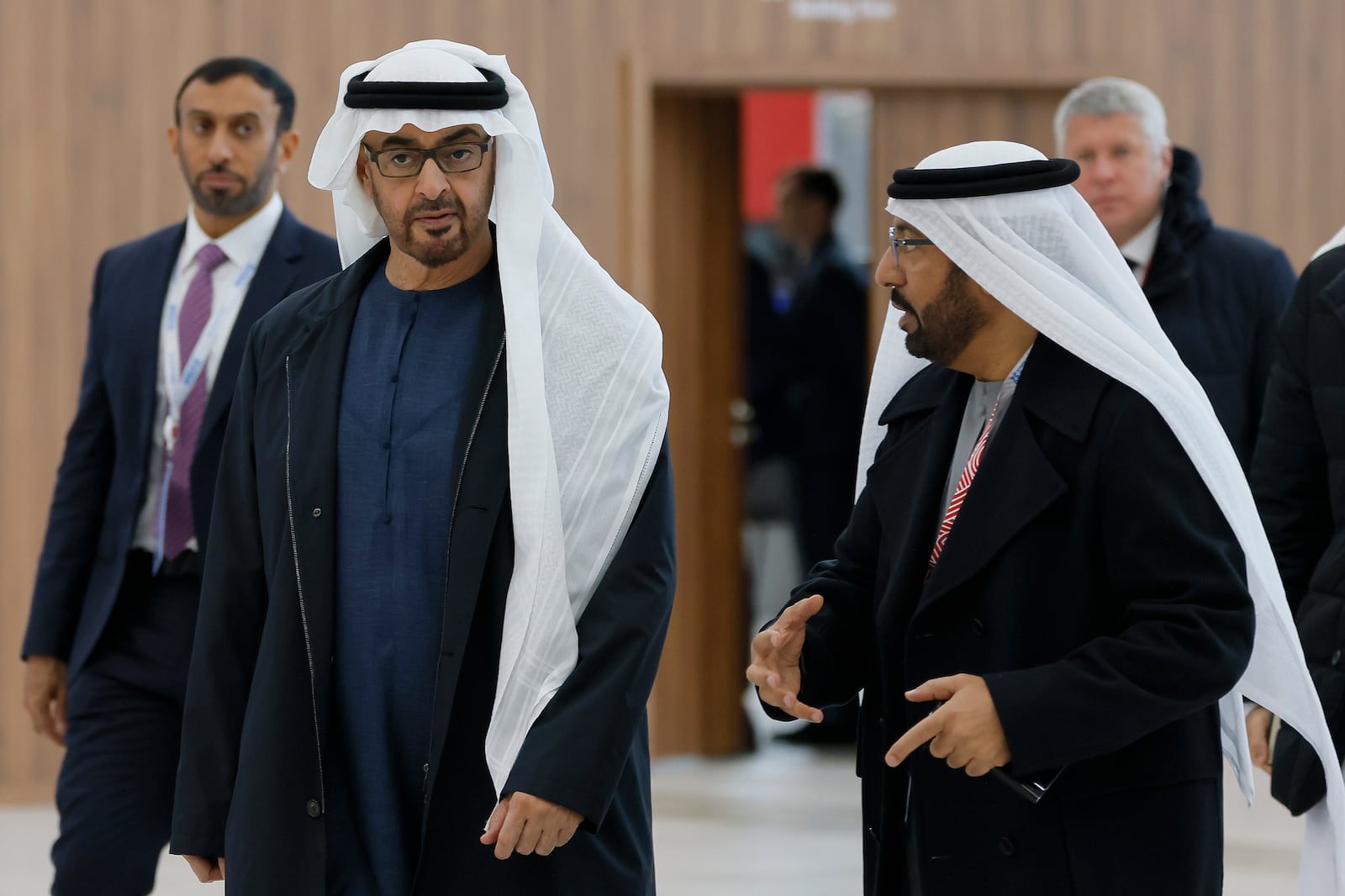 United Arab Emirates President Sheikh Mohammed bin Zayed Al Nahyan, left, arrives at BRICS Summit in Kazan, Russia, Wednesday, Oct. 23, 2024. (Maxim Shemetov, Pool Photo via AP)