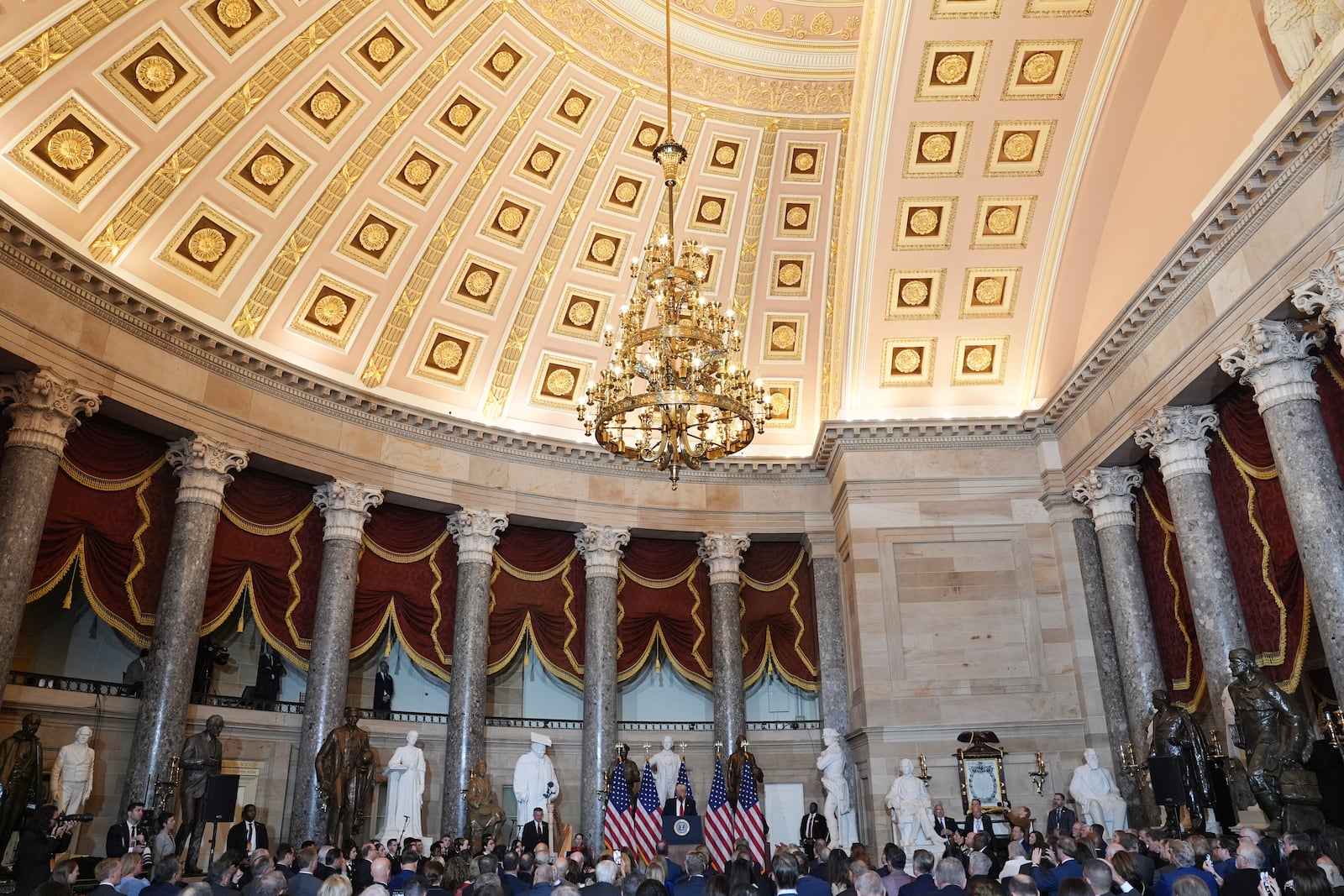 President Donald Trump speaks during the National Prayer Breakfast, at the Capitol in Washington, Thursday, Feb. 6, 2025. (AP Photo/Evan Vucci)