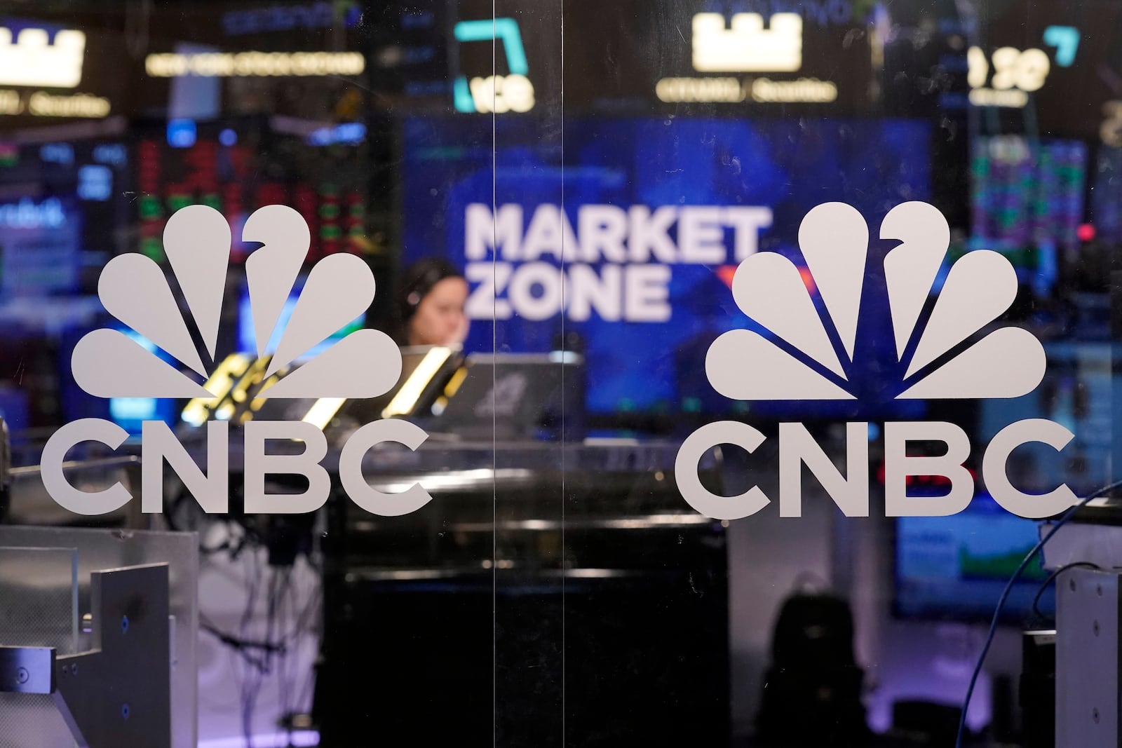 The logo for CNBC appears on the CNBC studio on the floor of the New York Stock Exchange, Wednesday, Nov. 20, 2024. (AP Photo/Richard Drew)