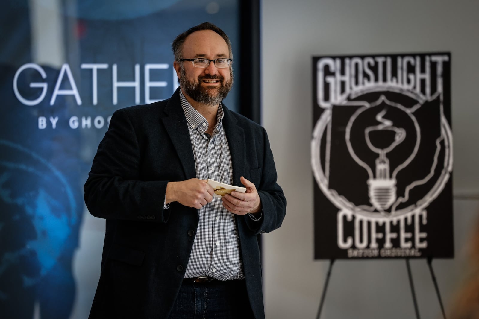 Ghostlight Coffee founder, Shane Anderson announces his new store, Gather by Ghostlight to open at the Dayton Arcade this summer. JIM NOELKER/STAFF