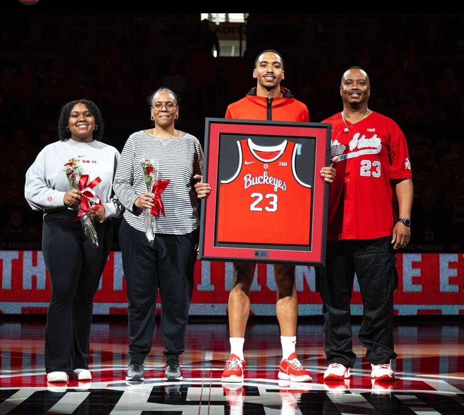 Zed Key, holding his No. 23 jersey, with (left to right) his sister Jade; mom Carol and dad, Zed. A 6-foot-7 forward, he played in 121 games for the Buckeyes and scored 895 points and grabbed 603 rebounds. CONTRIBUTED